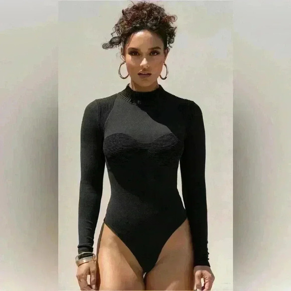 JLUXLABEL Women's XL Black Ribbed Long Sleeve Mock Neck Bodysuit - Picture 4 of 14